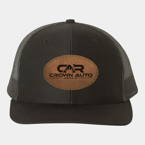 Crown Auto Repair Black Leather Patch Snapback Trucker Cap Thumbnail