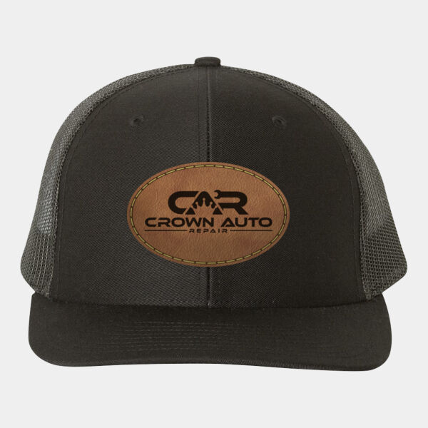 Crown Auto Repair Black Leather Patch Snapback Trucker Cap Thumbnail