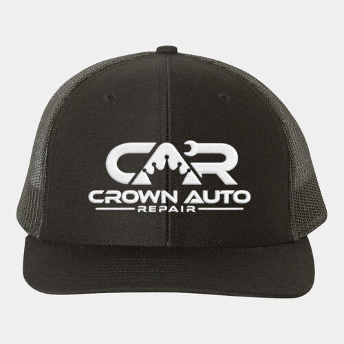 Crown Auto Repair White Embroidery Black Snapback Trucker Cap Thumbnail