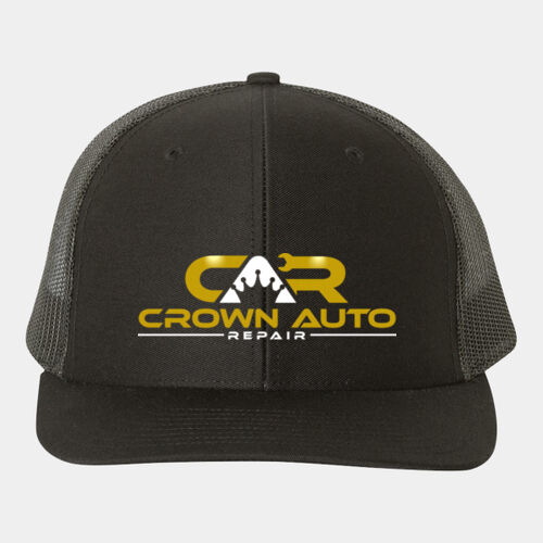 Crown Auto Repair Embroidered Black Snapback Trucker Cap Thumbnail